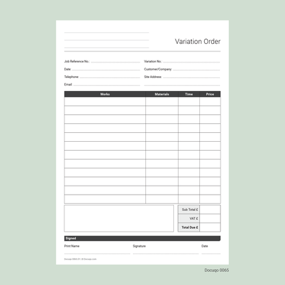 Fillable Variation Order Form – Works, Materials & Time Log Template (UK Docuqo 0065)
