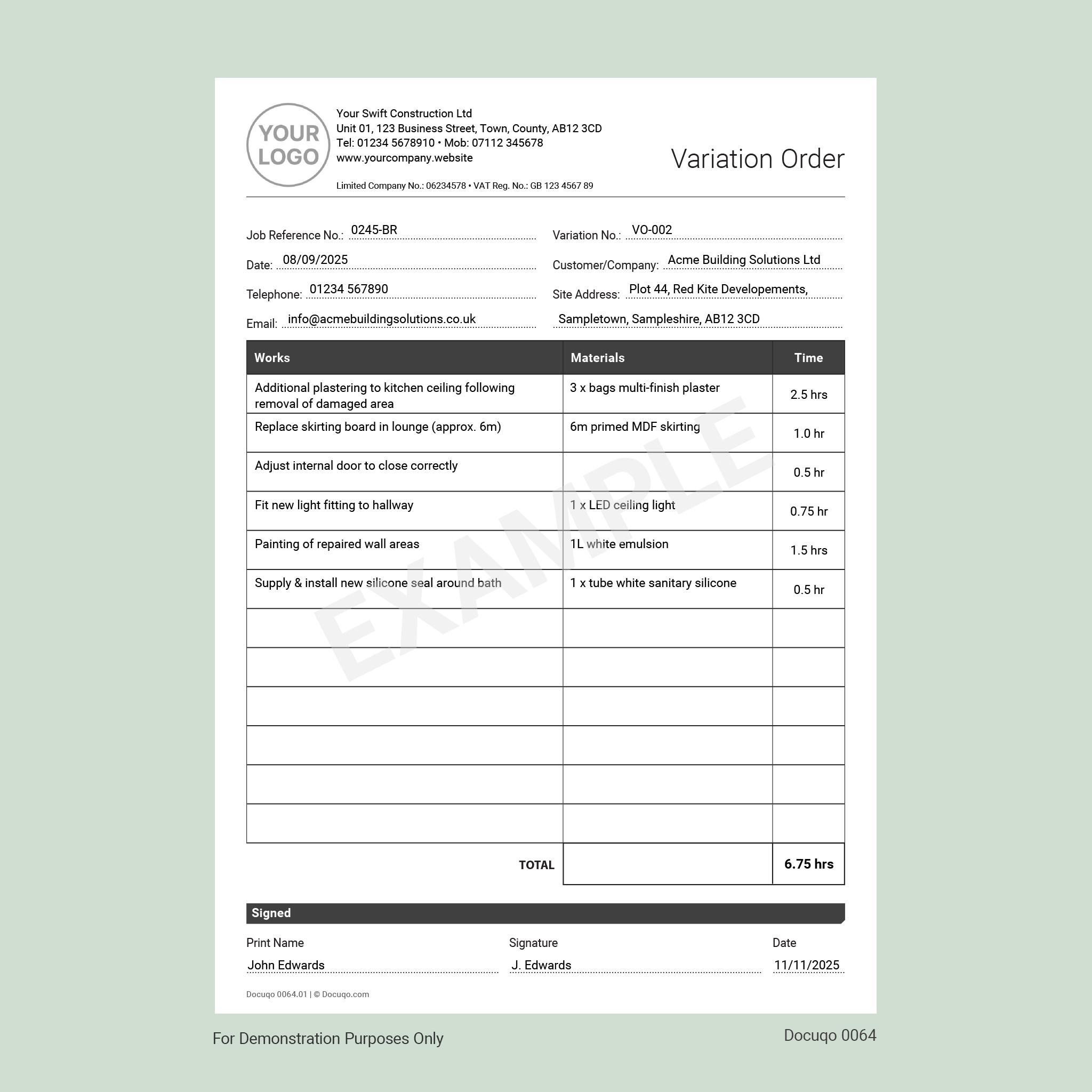 Variation Order Template (UK, A4 Fillable PDF) – Works & Materials – Docuqo
