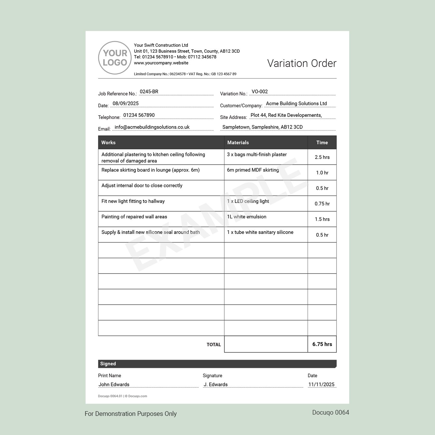 Variation Order Template (UK, A4 Fillable PDF) – Works, Materials & Time Record (Docuqo 0064)