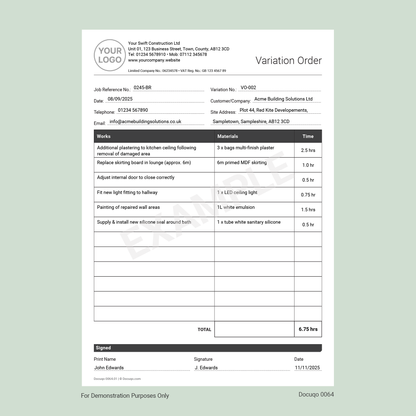 Variation Order Template (UK, A4 Fillable PDF) – Works, Materials & Time Record (Docuqo 0064)