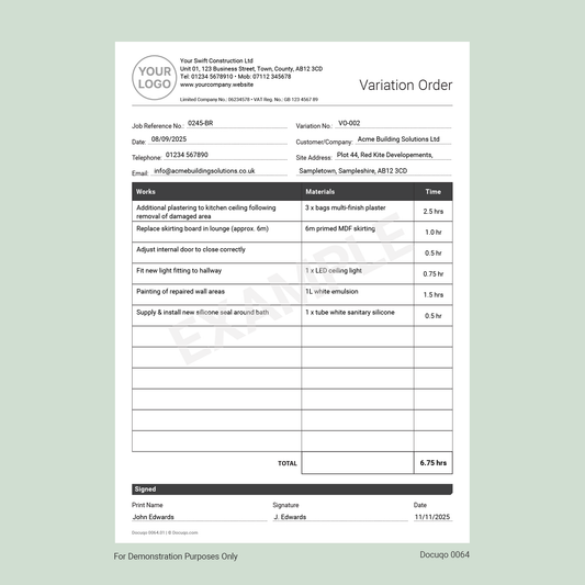 Variation Order Template (UK, A4 Fillable PDF) – Works, Materials & Time Record (Docuqo 0064)