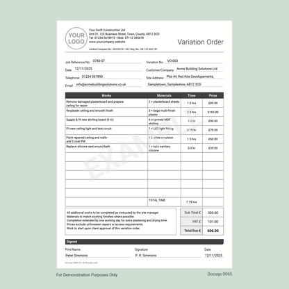 Example Variation Order Form – Authorised Works & Materials Record (UK, Docuqo 0065)