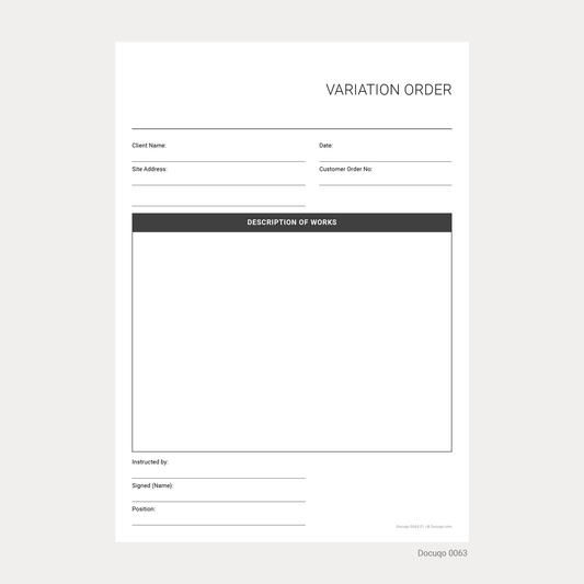Variation Order Form Template (UK, A4 Fillable PDF) – Construction & Project Management (Docuqo 0063)