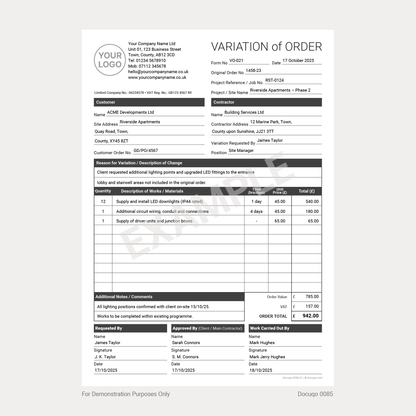 Example Variation of Order Form for Construction Projects (Docuqo 0085)