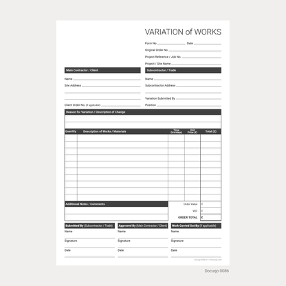 Variation Templete Variation of Works Form Template (UK, A4 Fillable PDF) – Subcontractor ...