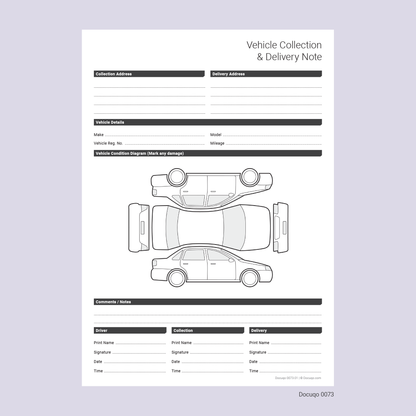Vehicle Collection & Delivery Note Template – Condition Diagram & Sign-Off (Docuqo 0073)