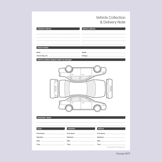 Vehicle Collection & Delivery Note Template – Condition Diagram & Sign-Off (Docuqo 0073)
