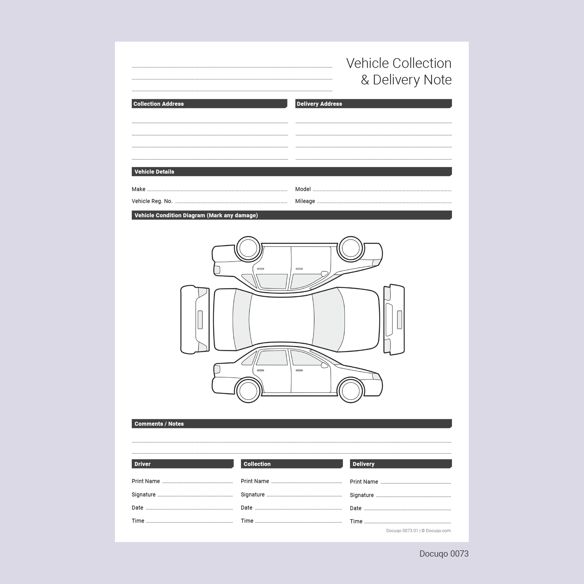 Download PDF Vehicle Collection & Delivery Note Template – Condition Diagram & Sign-Off (Docuqo 0073)