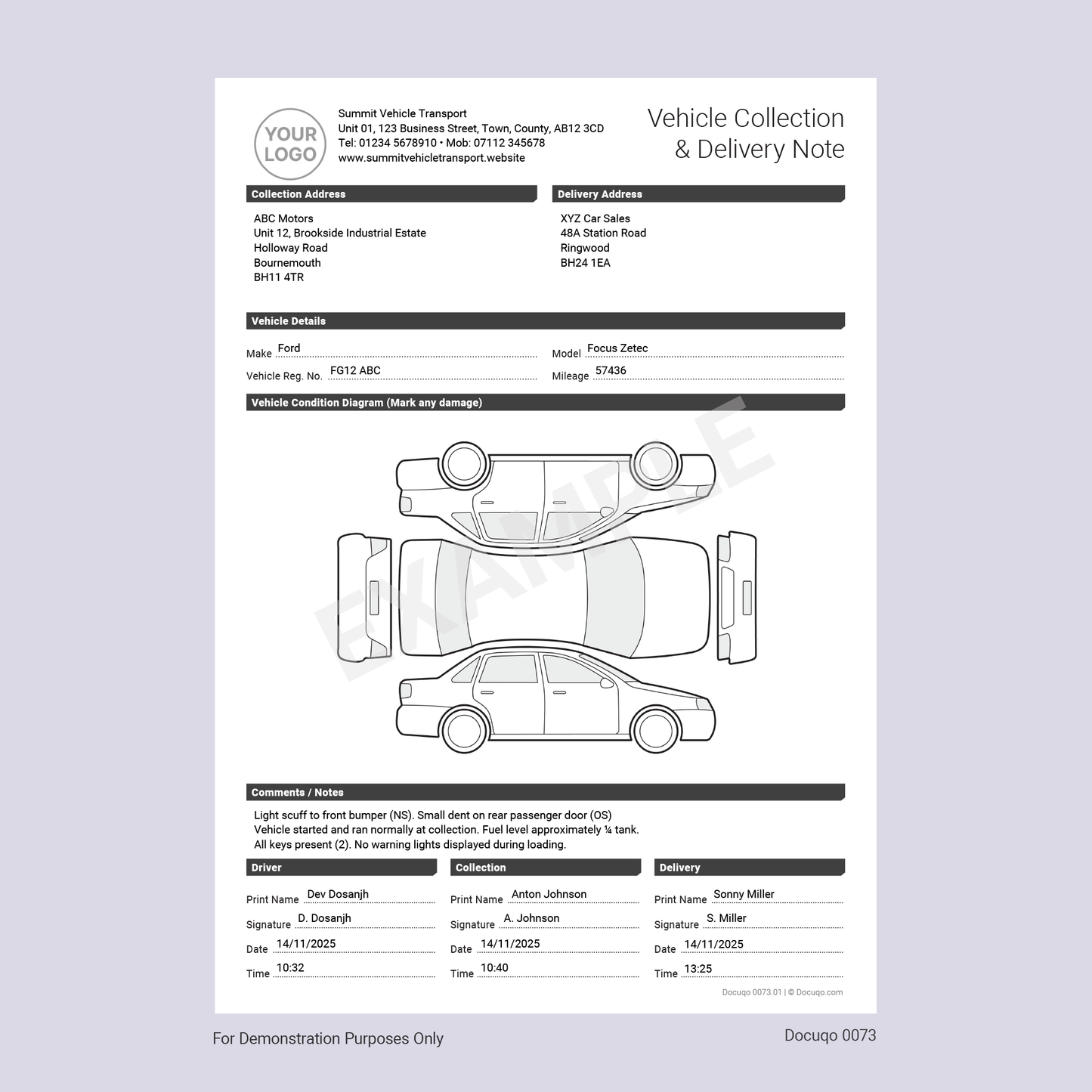 Example Vehicle Collection & Delivery Note Template PDF – Condition Diagram & Sign-Off (Docuqo 0073) POC POD