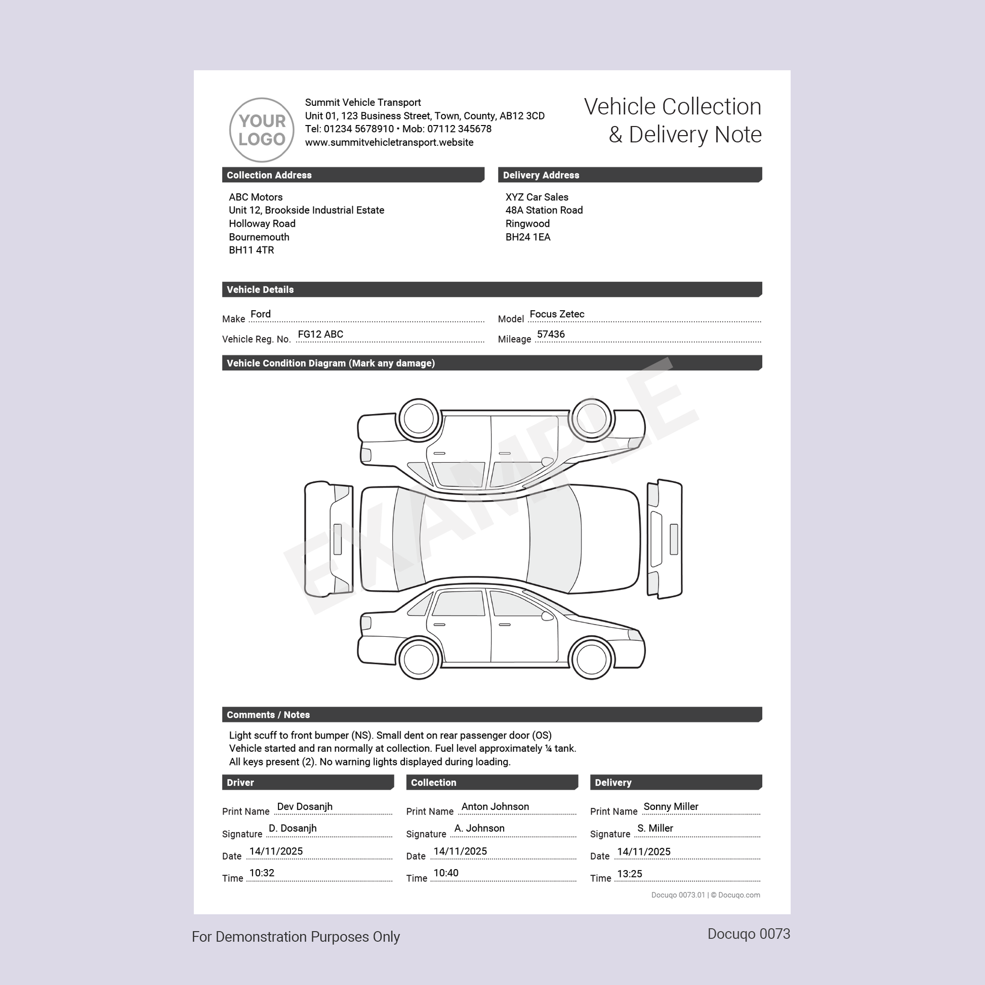 Example Vehicle Collection & Delivery Note Template PDF – Condition Diagram & Sign-Off (Docuqo 0073) POC POD