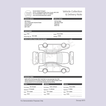 Example Vehicle Collection & Delivery Note Template PDF – Condition Diagram & Sign-Off (Docuqo 0073) POC POD