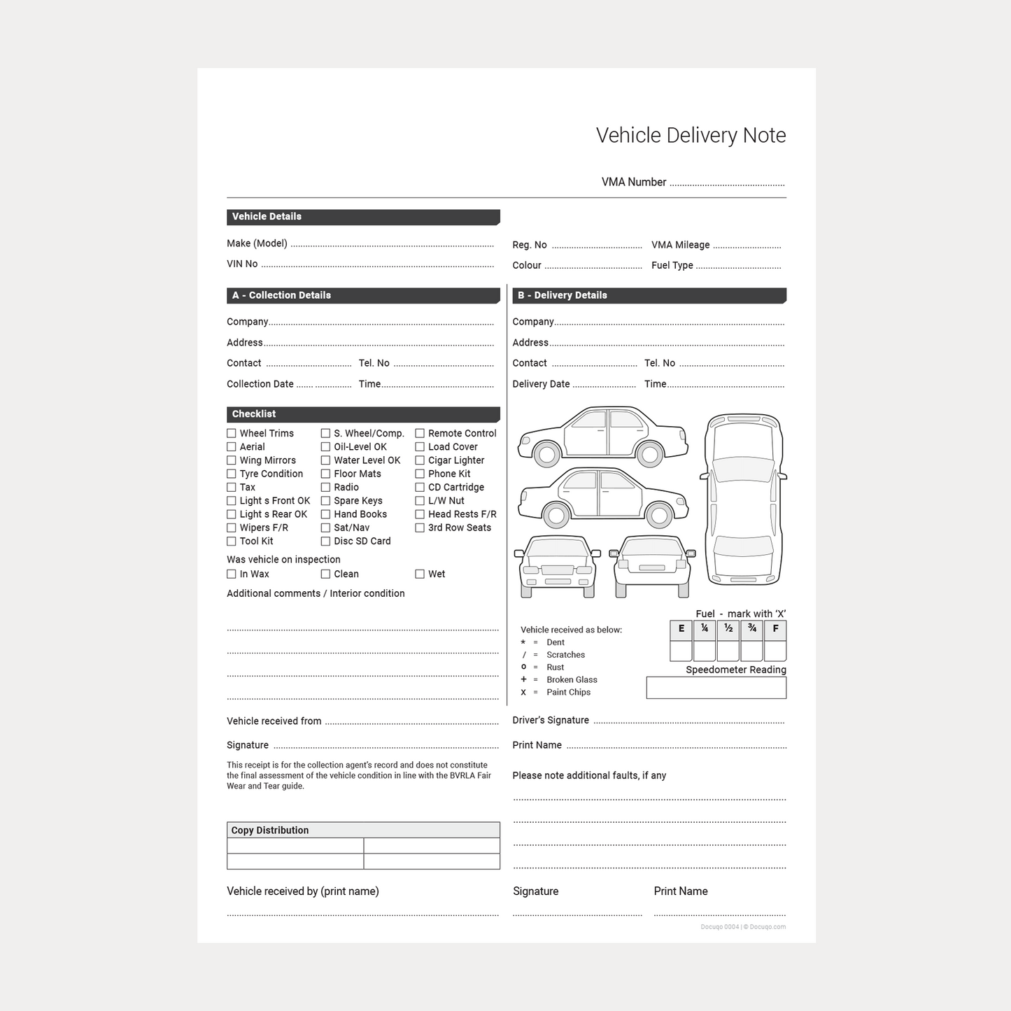 Blank vehicle delivery note template with inspection checklist, condition diagrams, and signature fields on a white background