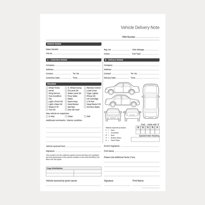 Blank vehicle delivery note template with inspection checklist, condition diagrams, and signature fields on a white background