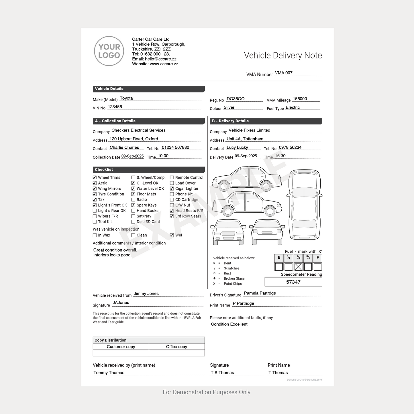 Example of completed vehicle delivery note template showing filled details, checkboxes, condition diagrams, and customer signatures