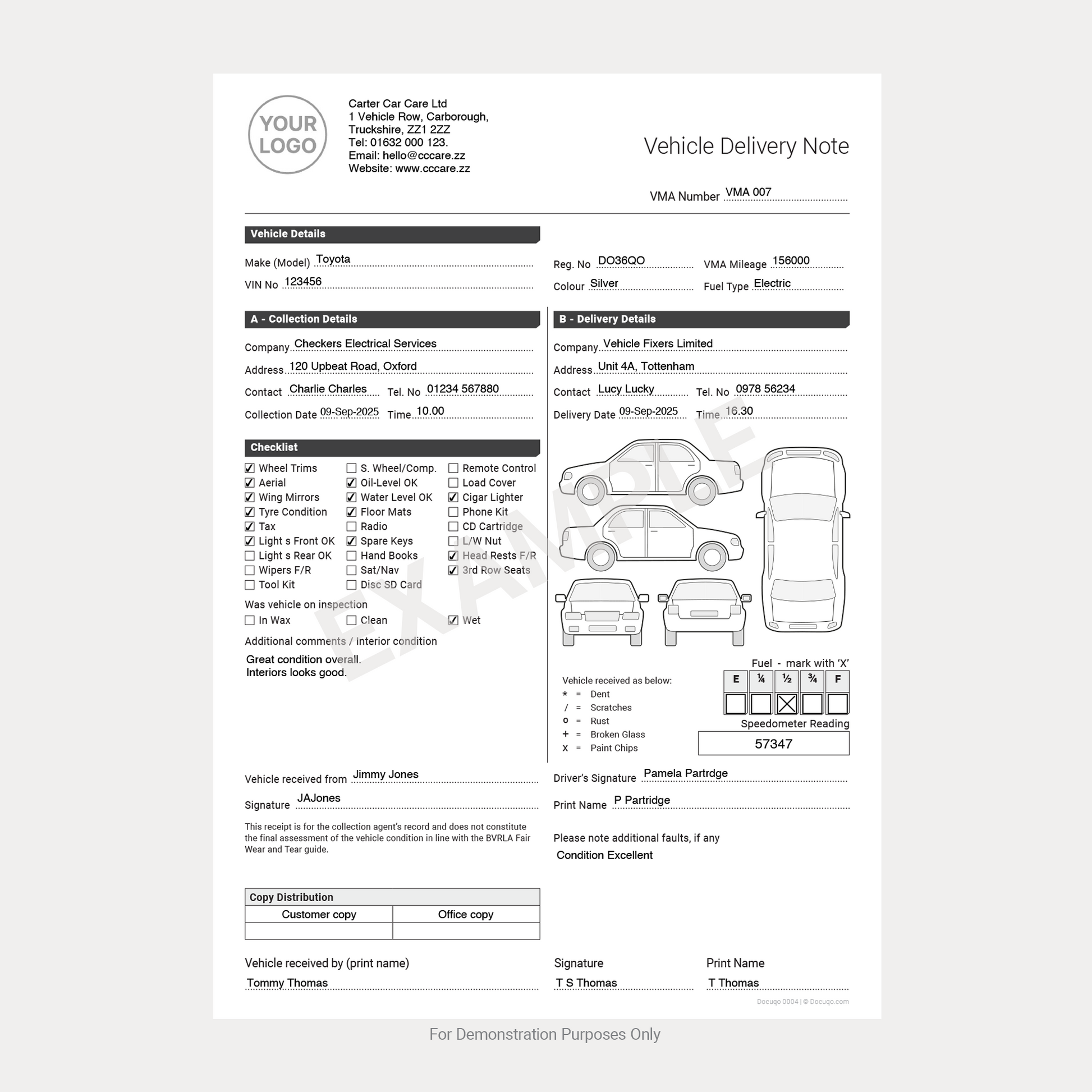 Example of completed vehicle delivery note template showing filled details, checkboxes, condition diagrams, and customer signatures