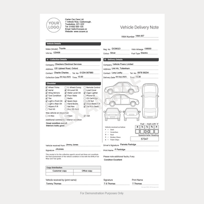 Example of completed vehicle delivery note template showing filled details, checkboxes, condition diagrams, and customer signatures