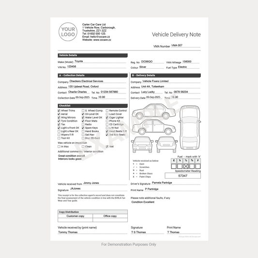 Example of completed vehicle delivery note template showing filled details, checkboxes, condition diagrams, and customer signatures