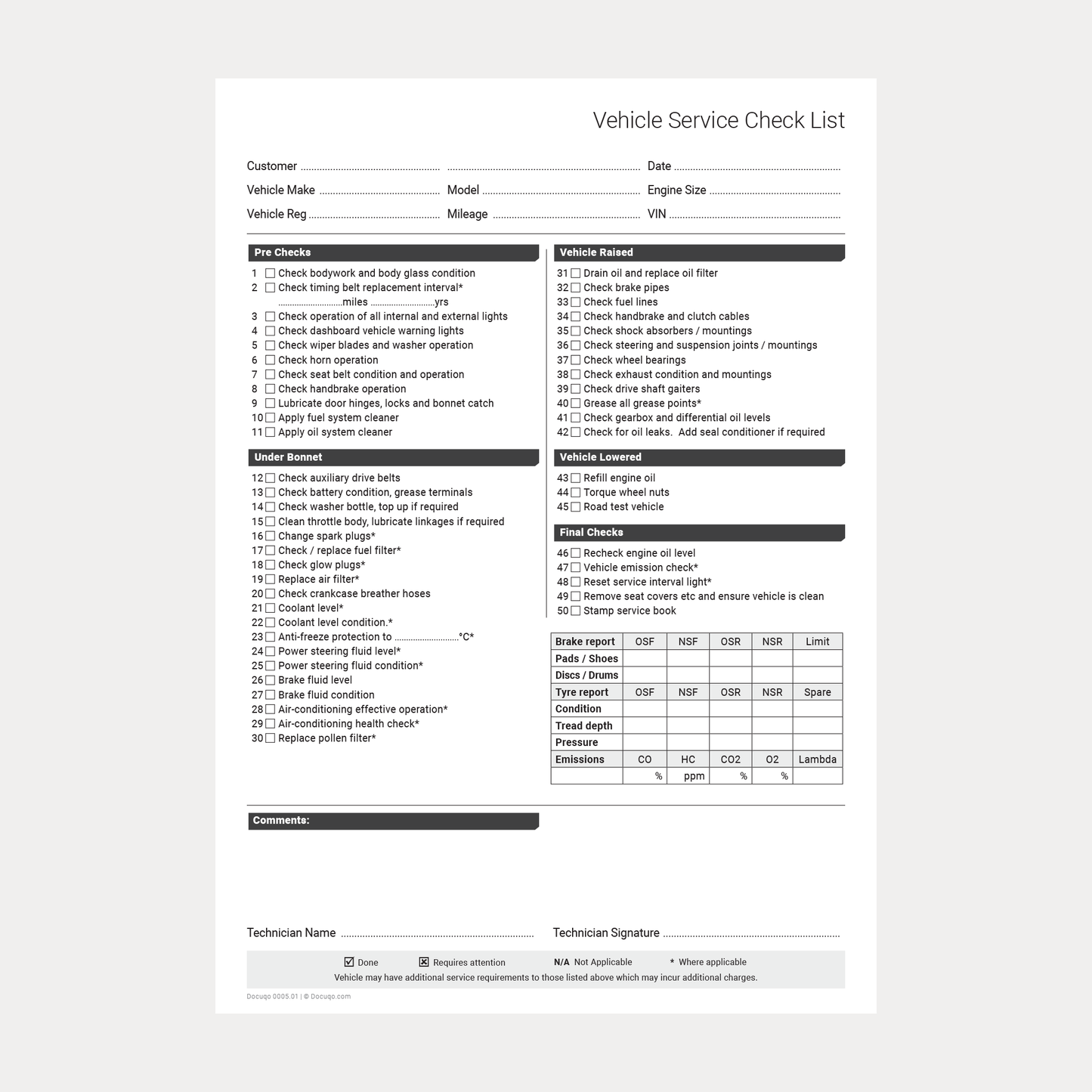 Blank Vehicle Service Checklist printable PDF template – Docuqo 0005