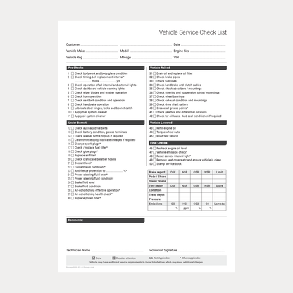 Blank Vehicle Service Checklist printable PDF template – Docuqo 0005