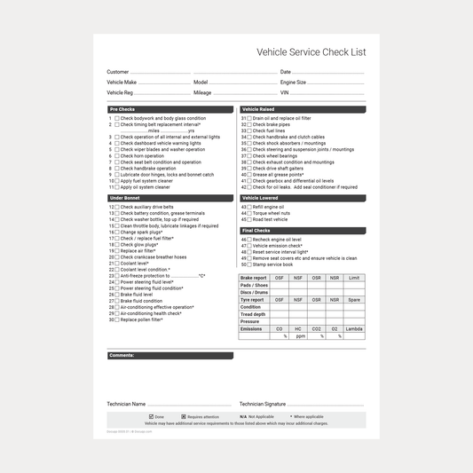 Blank Vehicle Service Checklist printable PDF template – Docuqo 0005