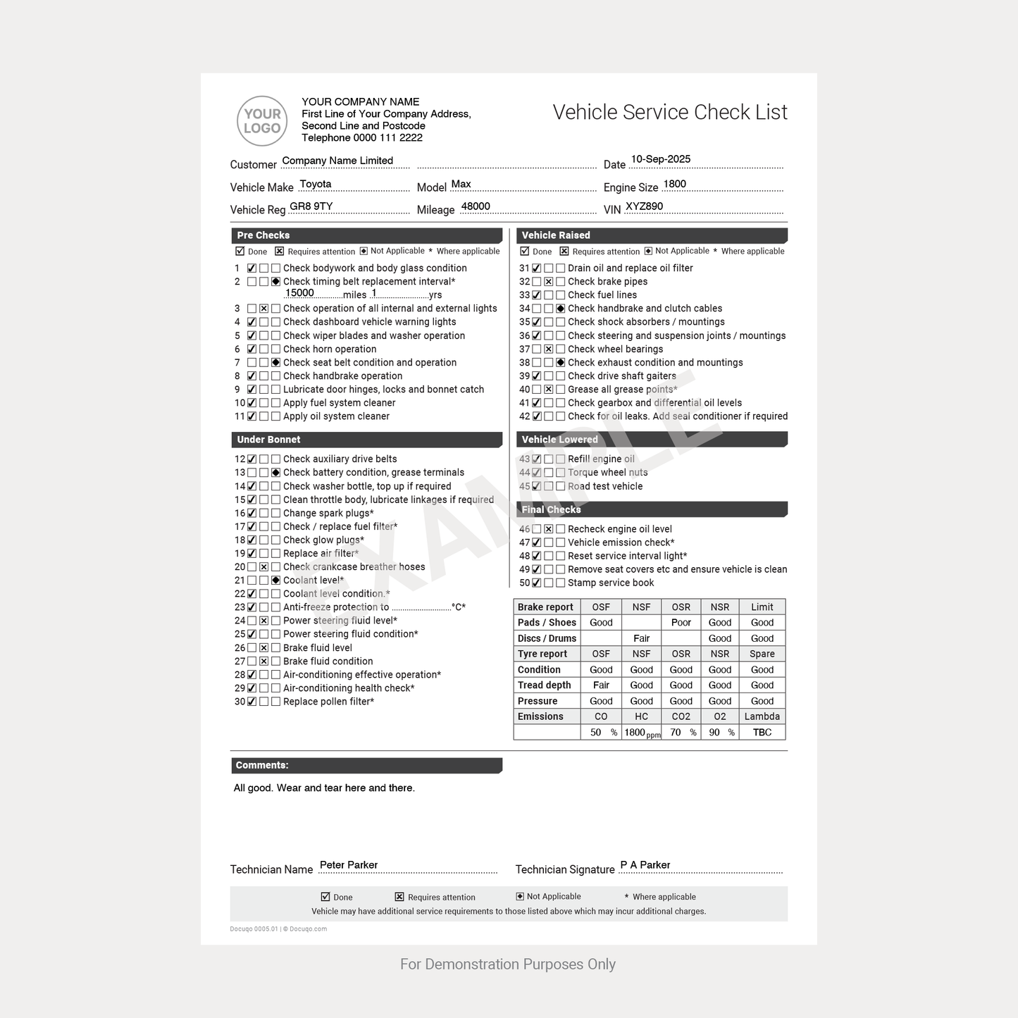 Fillable Vehicle Service Checklist PDF form for garages, workshops, and fleet operators – Docuqo 0005