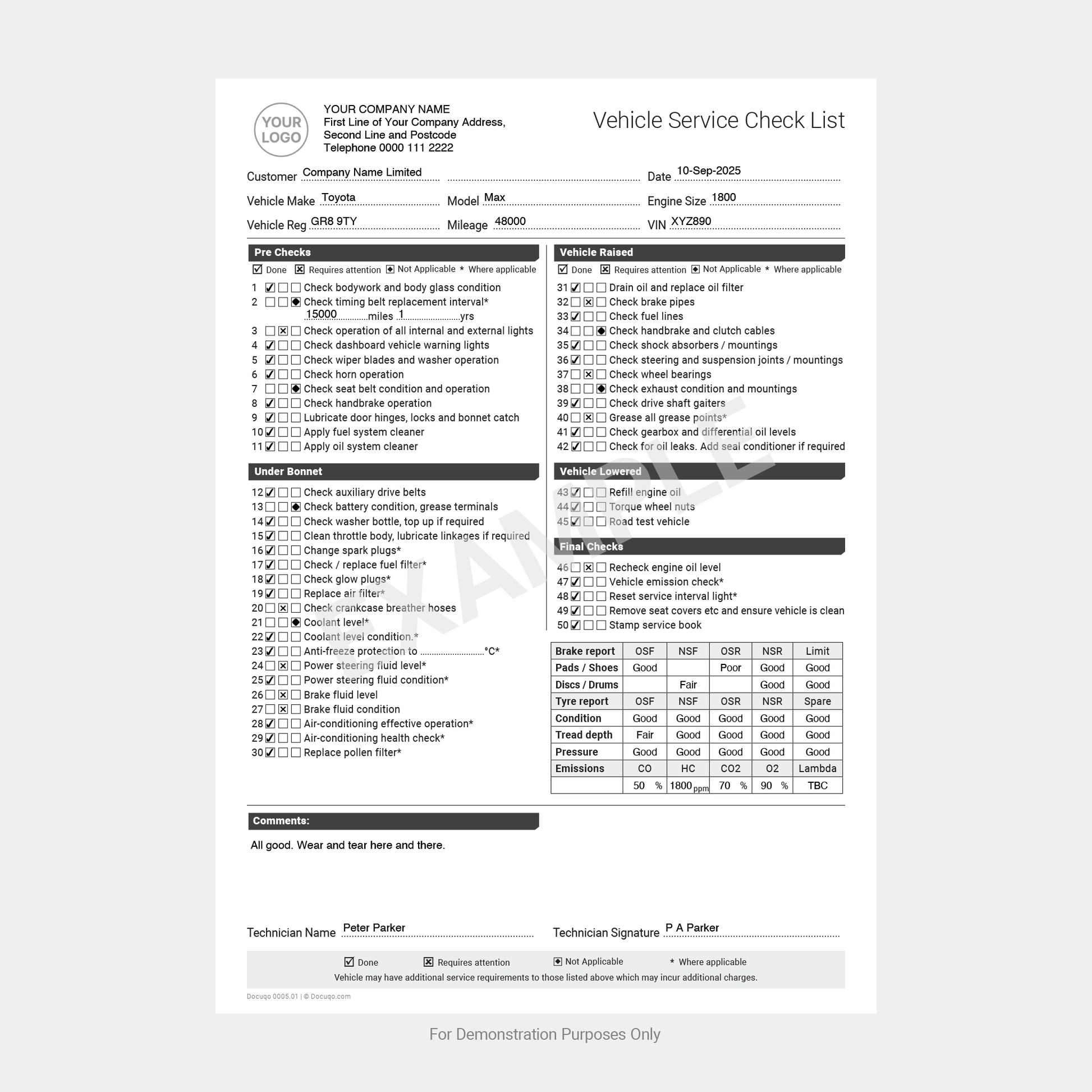 Fillable Vehicle Service Checklist PDF form for garages, workshops, and fleet operators – Docuqo 0005