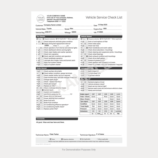 Fillable Vehicle Service Checklist PDF form for garages, workshops, and fleet operators – Docuqo 0005