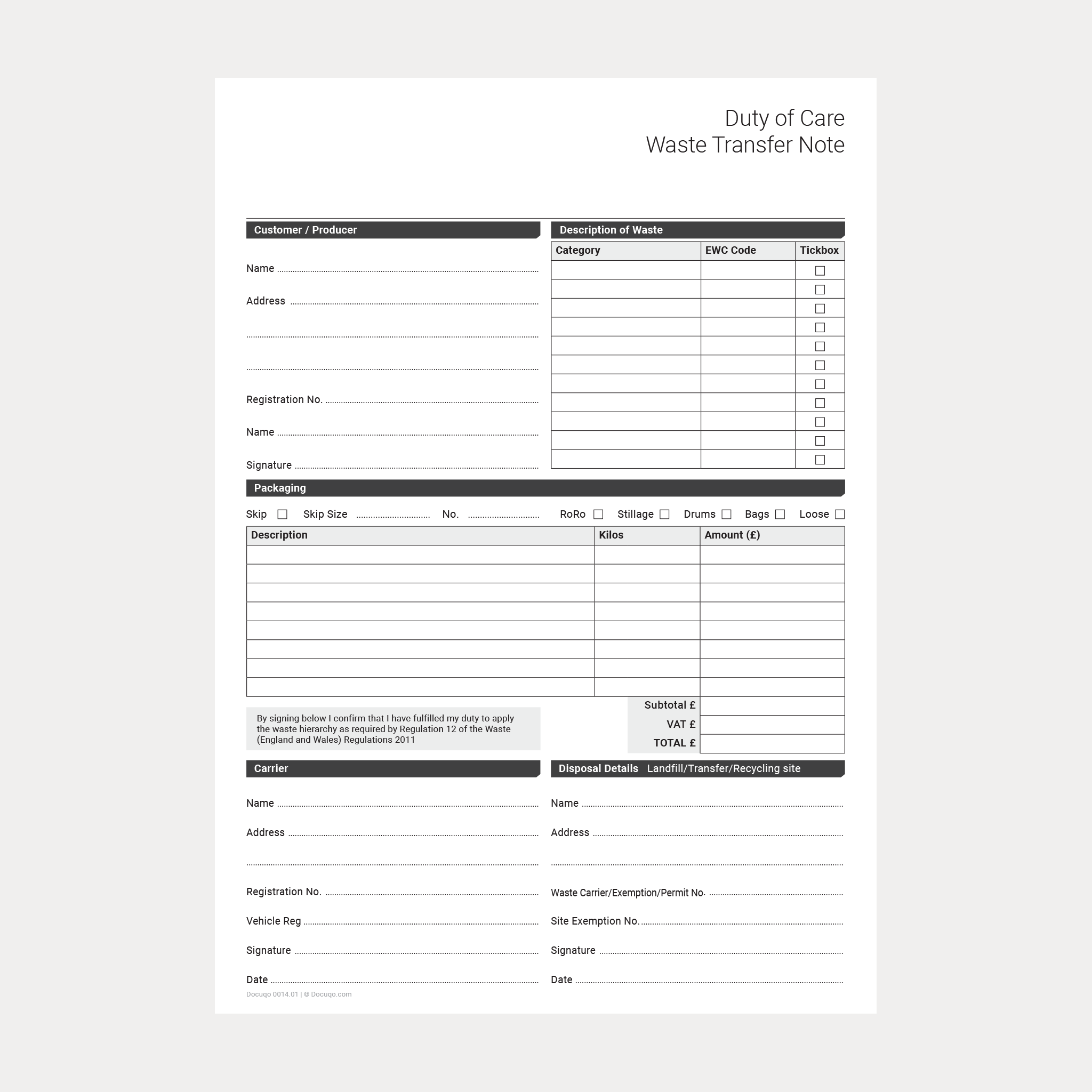 Duty of Care Waste Transfer Note (UK, A4 Fillable PDF) – Compliant ...