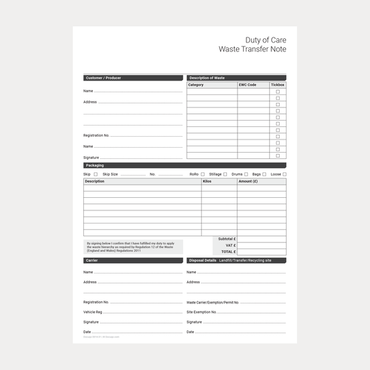 Duty of Care Waste Transfer Note (UK, A4 Fillable PDF) – For Licensed Waste Carriers & Producers (Docuqo 0014)