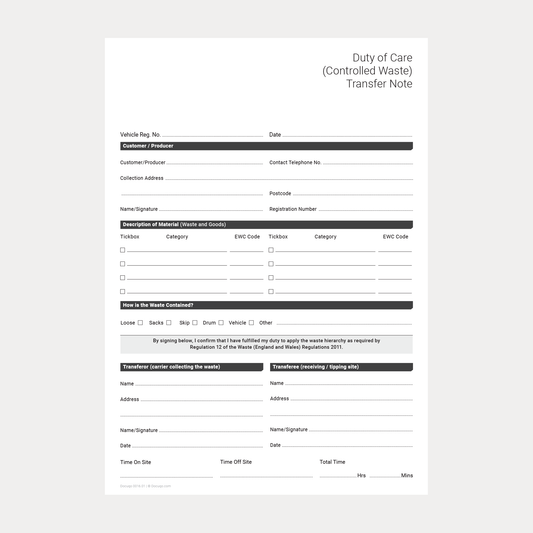 Duty of Care (Controlled Waste) Transfer Note (UK, A4 Fillable PDF) – For Licensed Waste Carriers & Producers (Docuqo 0016)