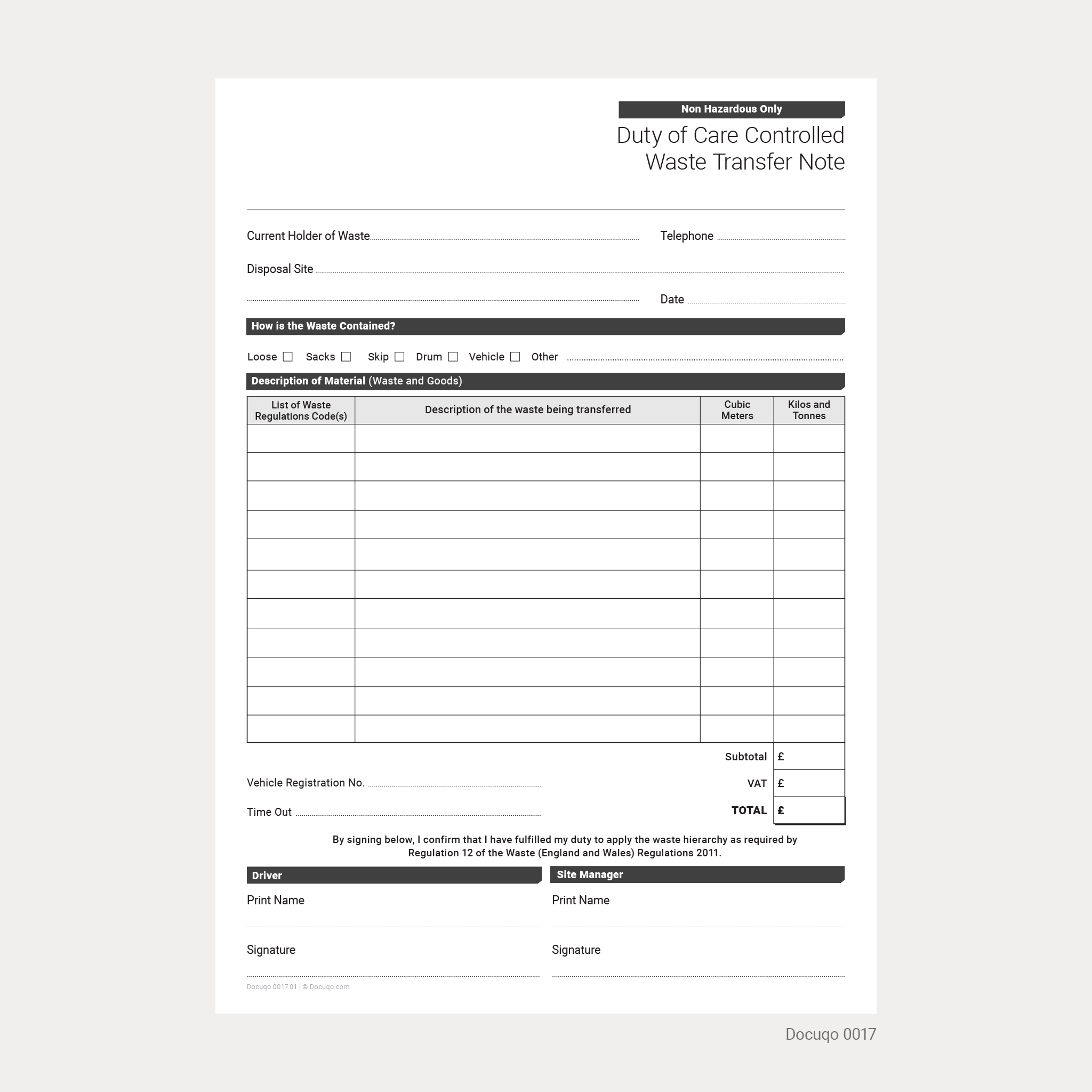 Consignment Transfer Note Duty of Care Controlled Waste Transfer Note (UK A4 PDF) Non-Hazardous ...