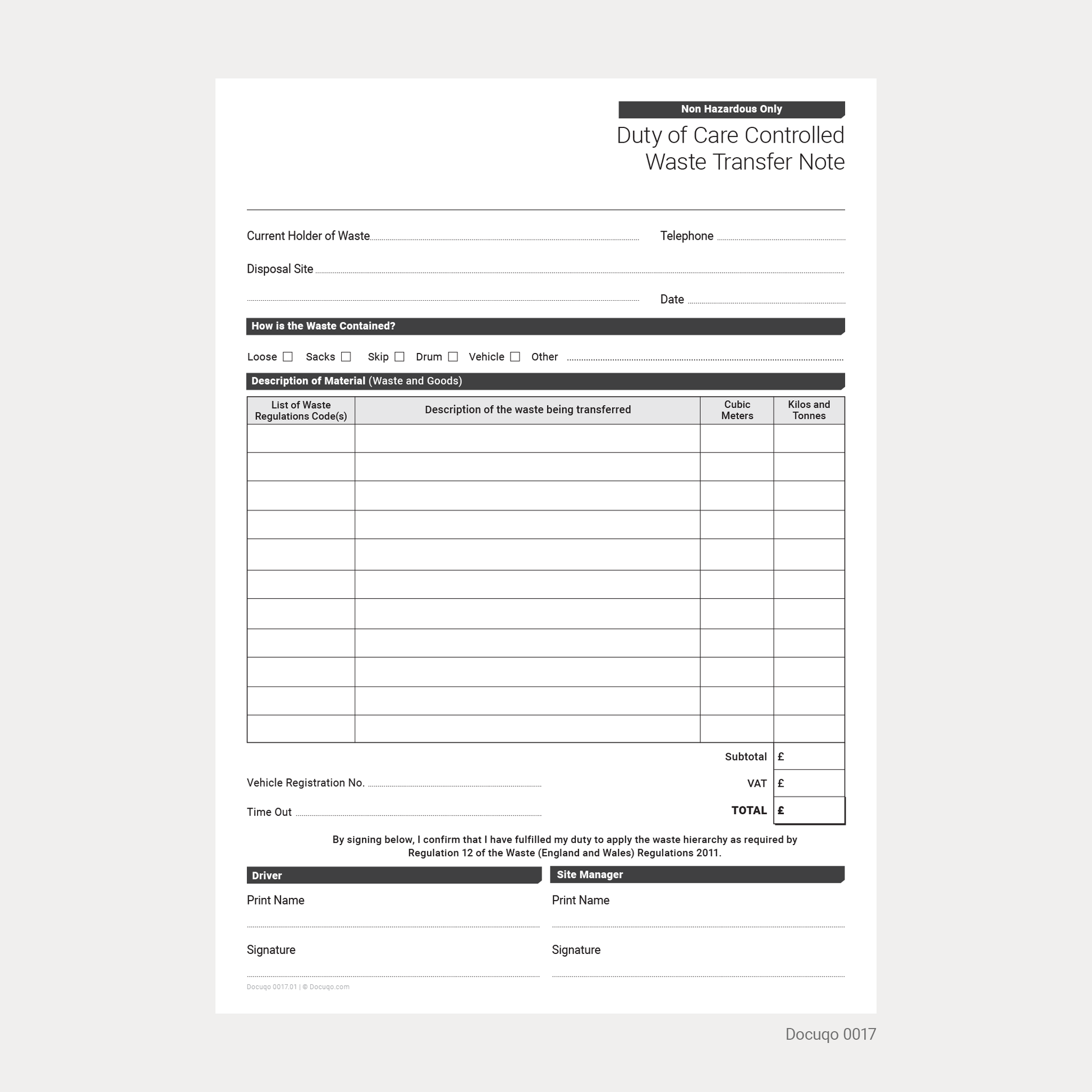 Blank Duty of Care Controlled Waste Transfer Note Template (Docuqo 0017)