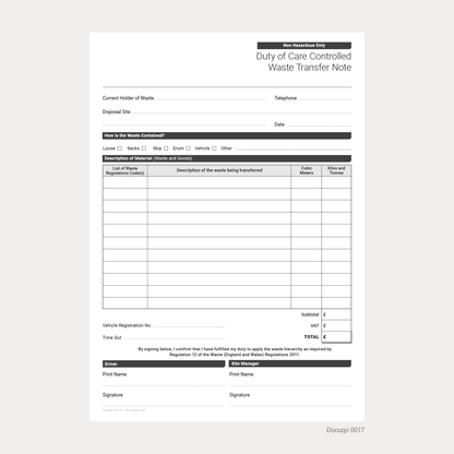 Blank Duty of Care Controlled Waste Transfer Note Template (Docuqo 0017)
