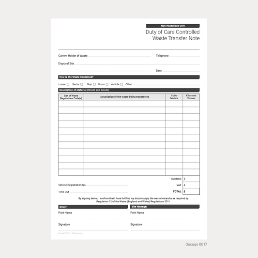 Blank Duty of Care Controlled Waste Transfer Note Template (Docuqo 0017)