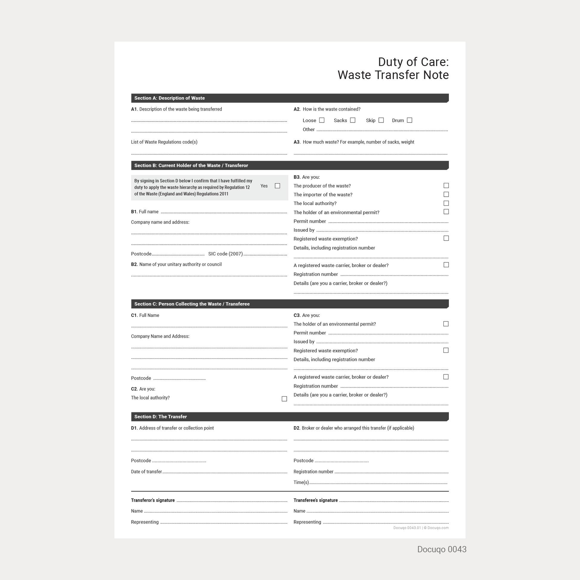 Blank Duty of Care Waste Transfer Note Template PDF Download styled from UK Government layout (Docuqo 0043)