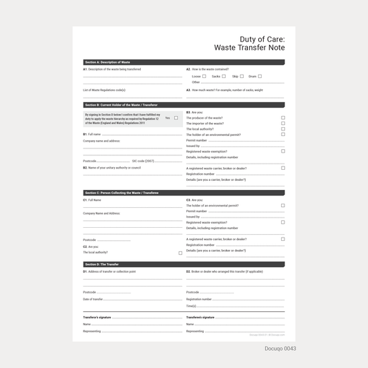 Blank Duty of Care Waste Transfer Note Template PDF Download styled from UK Government layout (Docuqo 0043)