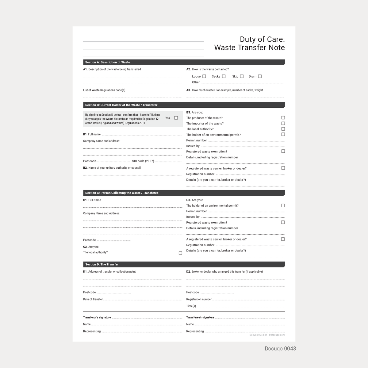 Fuel Transfer Note Duty of Care Waste Transfer Note (UK, A4 Fillable PDF) Gov Template ...