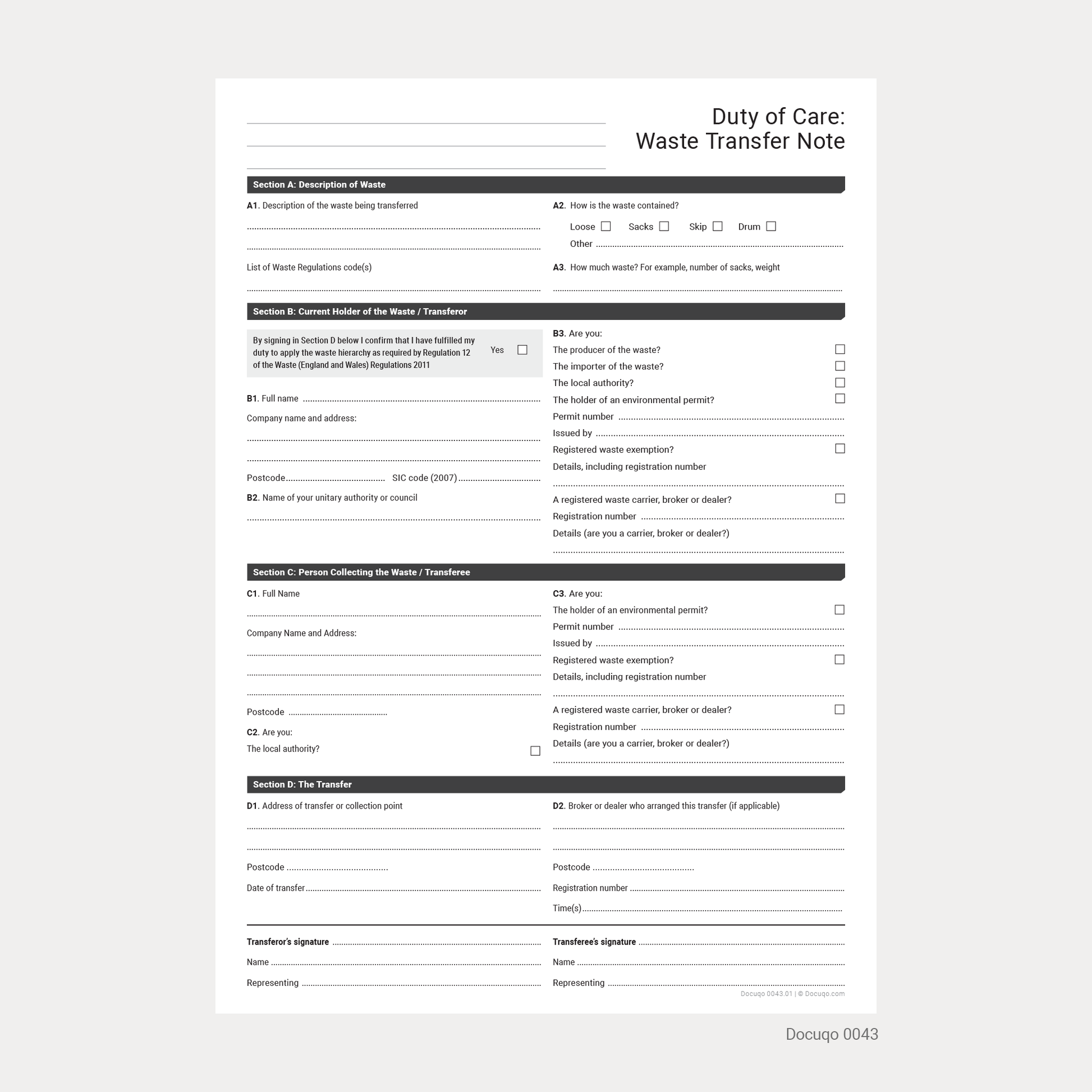 Blank Duty of Care Waste Transfer Note Template styled from UK Government layout (Docuqo 0043)