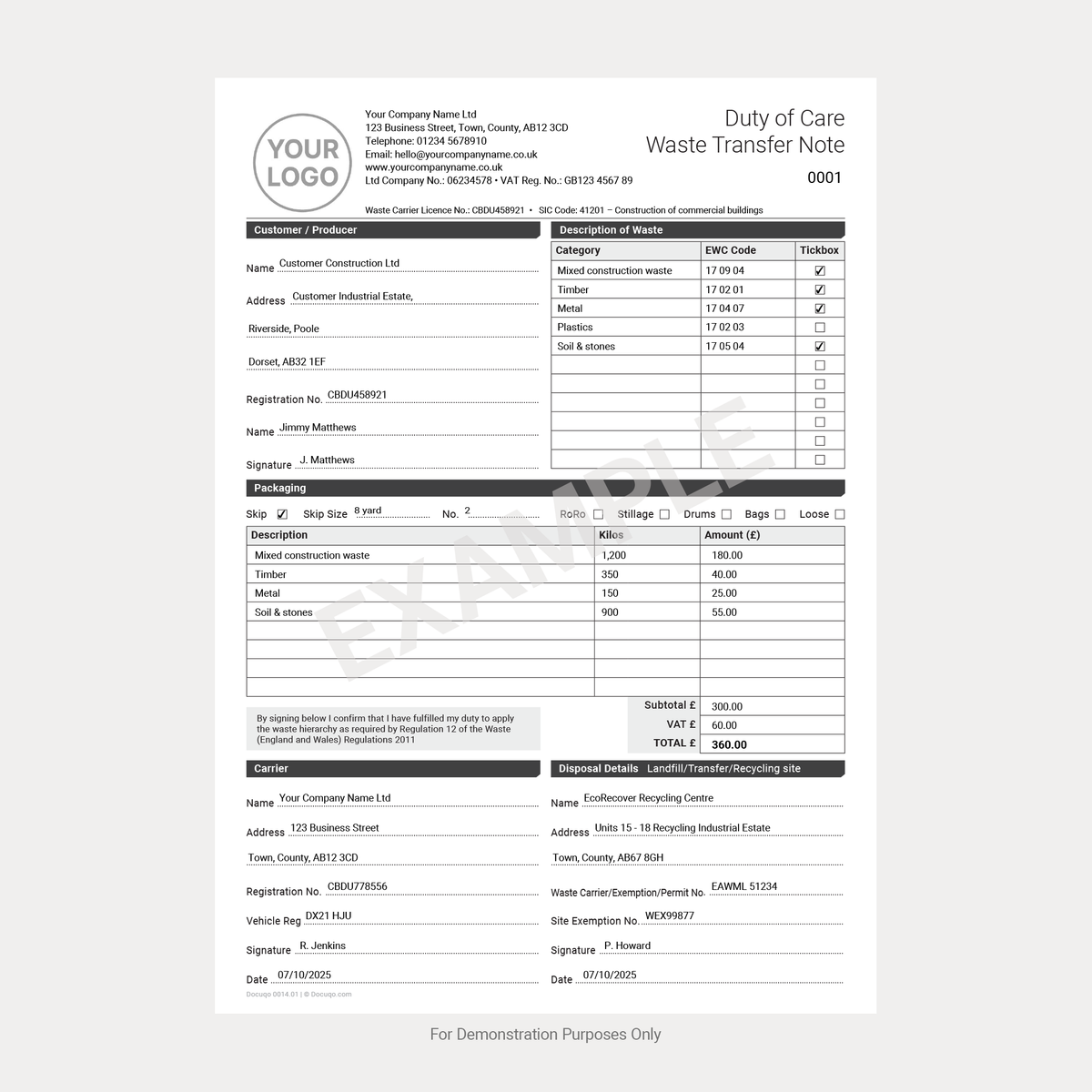 Transfer Waste Note Complete Example Duty of Care Waste Transfer Note (UK, A4 Fillable PDF) – Compliant ...
