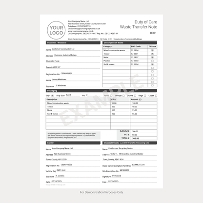 Complete Waste Transfer Note Pack UK – Duty of Care, Controlled & Hazardous Waste A4 Fillable PDFs (Docuqo 0082)