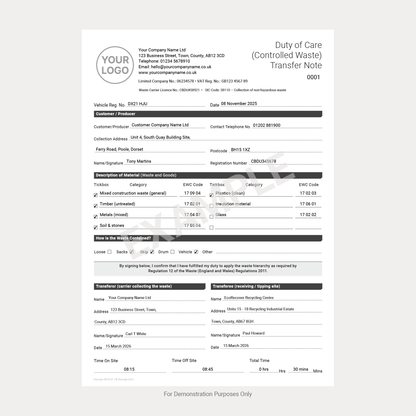 Complete Waste Transfer Note Pack UK – Duty of Care, Controlled & Hazardous Waste A4 Fillable PDFs (Docuqo 0082)