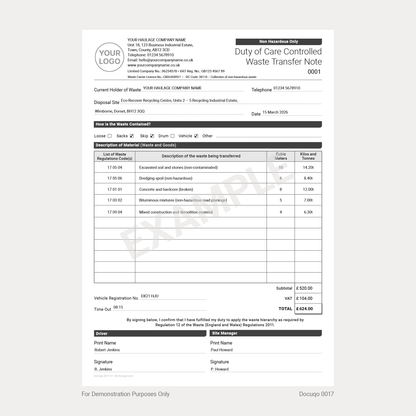 Example Duty of Care Controlled Waste Transfer Note – Completed Form (Docuqo 0017)