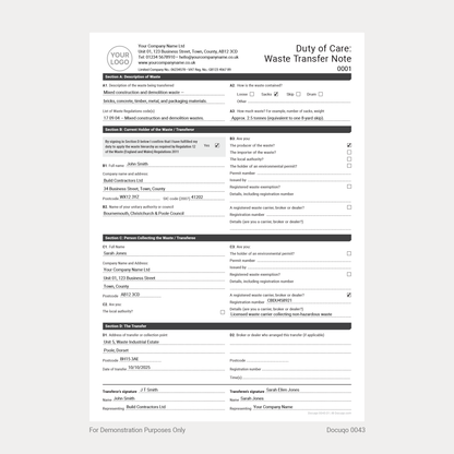 Waste Transfer & Hazardous Waste Pack (UK, A4 Fillable PDFs) – Includes Duty of Care & Consignment Notes (Docuqo 0084)