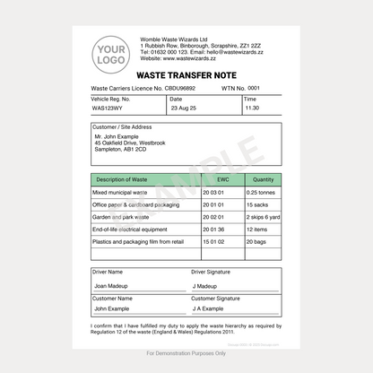 Waste Transfer Note Example Filled Out