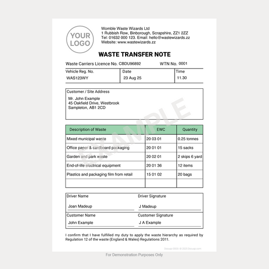 Waste Transfer Note Example Filled Out