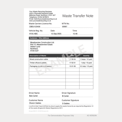 Completed Fillable PDF Waste Transfer Note A5 example showing customer, driver, and waste records – Docuqo 0003