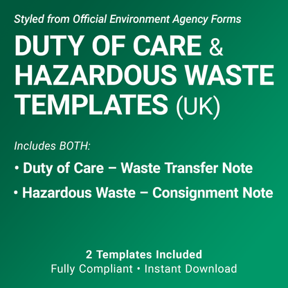 Waste Transfer & Hazardous Waste Pack (UK, A4 Fillable PDFs) – Includes Duty of Care & Consignment Notes (Docuqo 0084)