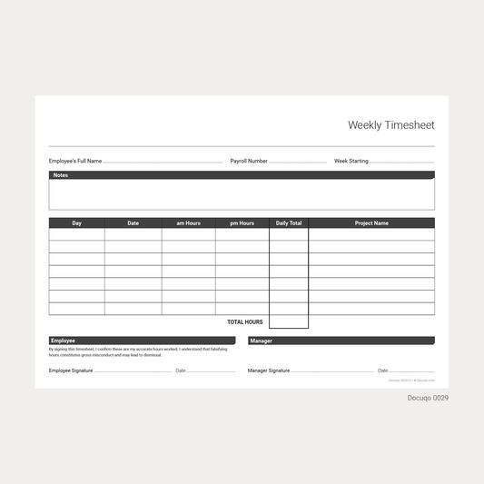 Blank Weekly Timesheet Template – A4 Fillable PDF for UK Staff (Docuqo 0029)