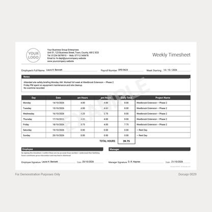 Example Weekly Timesheet Template with Employee Hours (Docuqo 0029)