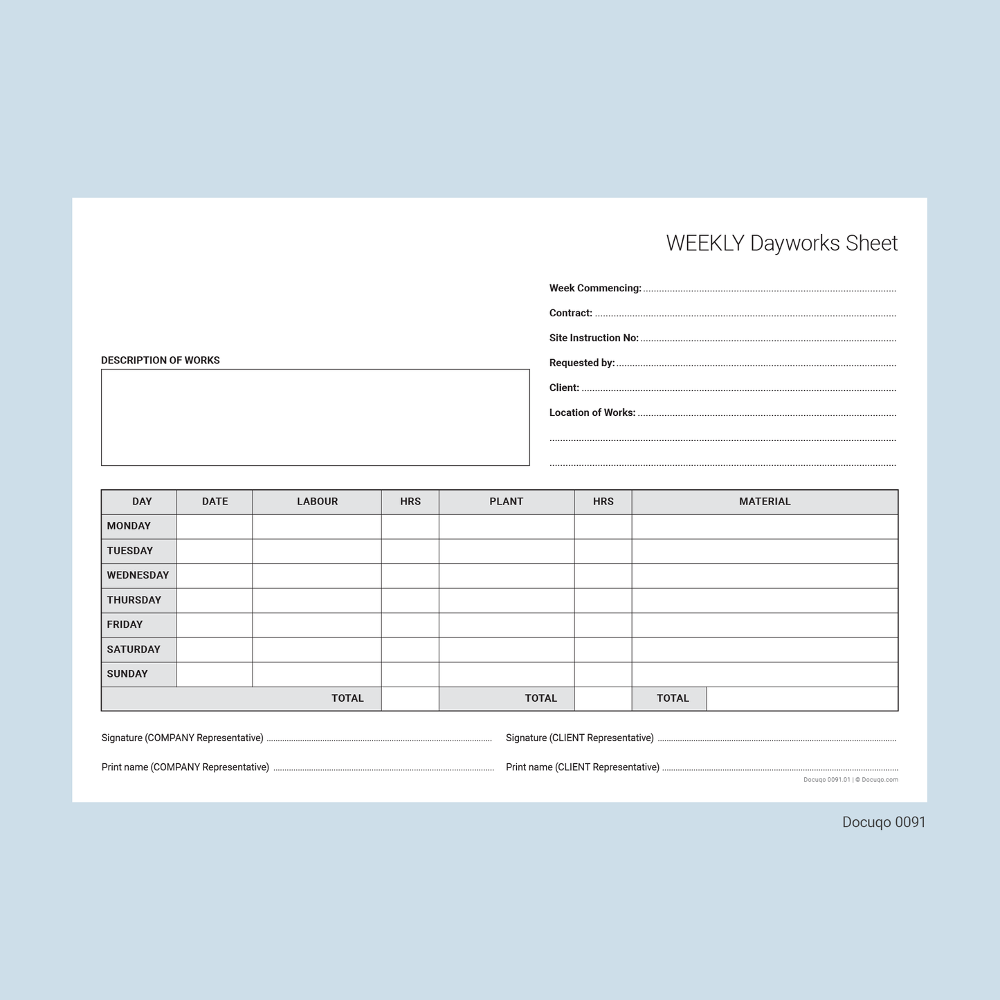 Blank Weekly Dayworks Sheet Template for Builders & Contractors (Docuqo 0091)